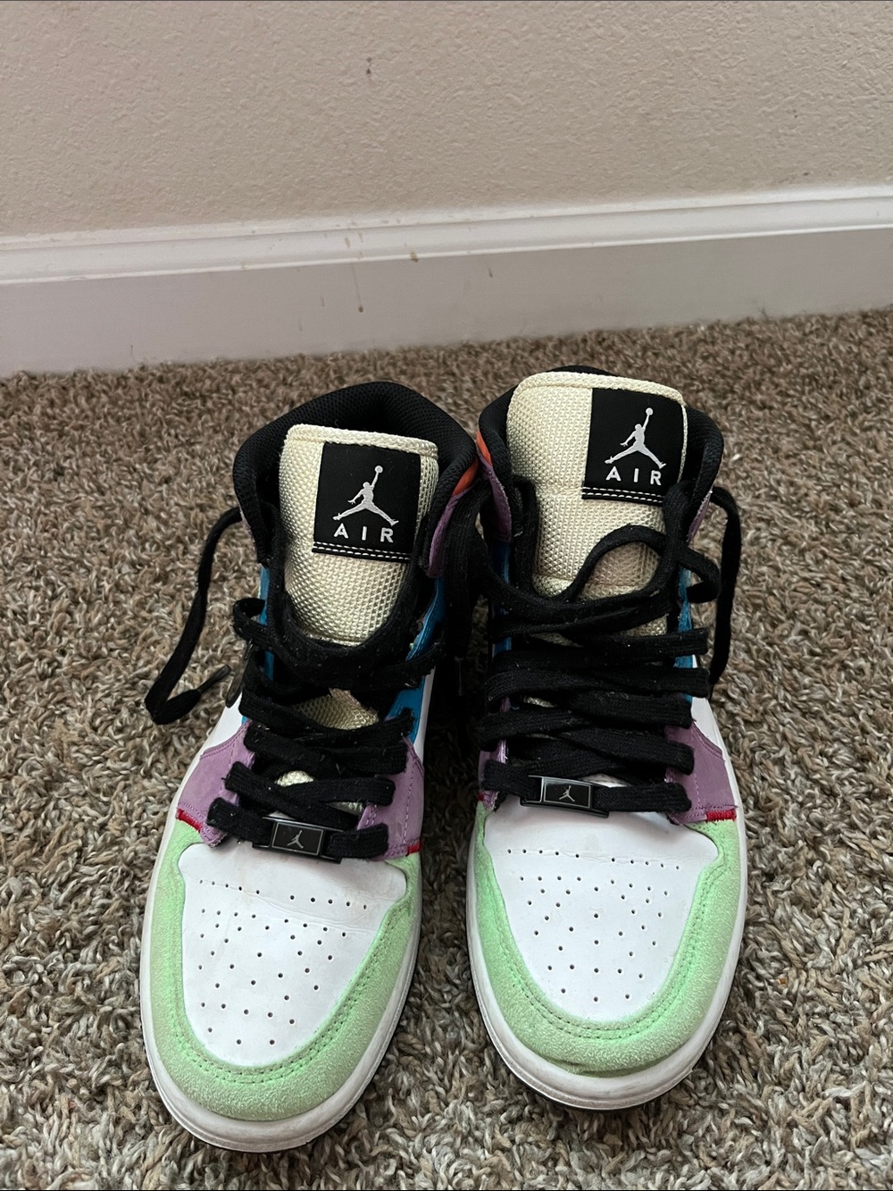 Jordan Multicolor High-Top Sneakers with Pastel Green and Purple Accents